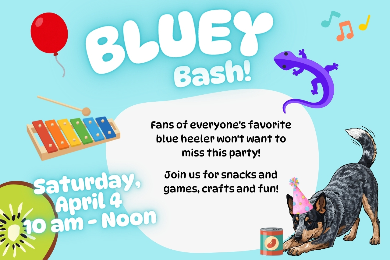 Dog, Gecko, Balloon White letters saying Bluey Bash