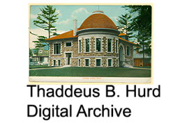 Old postcard of the Clyde Public Library with Thaddeus B. Hurd Digital Archive text underneath