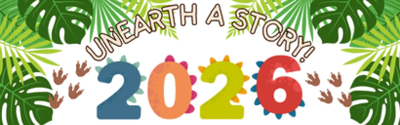 Leaf Border with dinosaur prints around Unearth a Story 2026