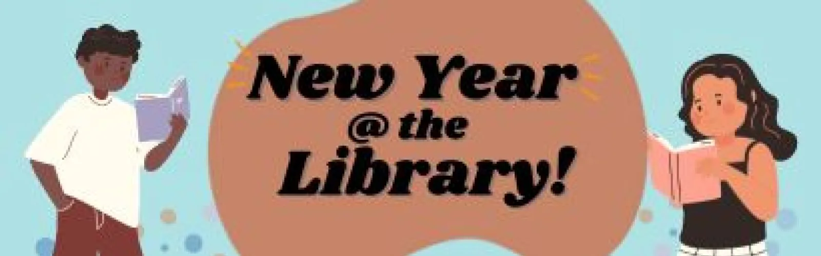Two kids reading books on opposite sides of a brown shape saying New Year @ the Library